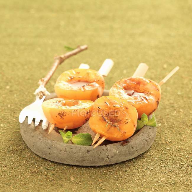 Вид крупным планом абрикосовых шашлыков со свежей мятой — стоковое фото