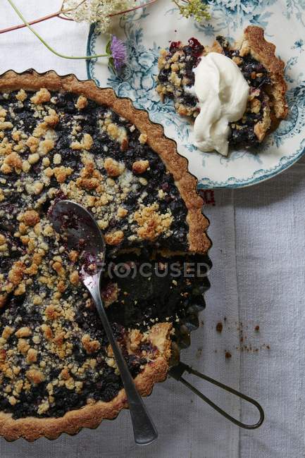 Blueberry pie with piece on plate — Stock Photo