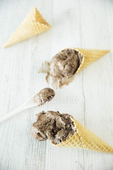 Chocolate brownie ice cream serving in cones — Stock Photo