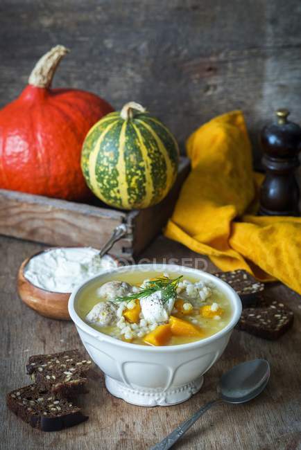 Pumpkin soup with turkey — Stock Photo