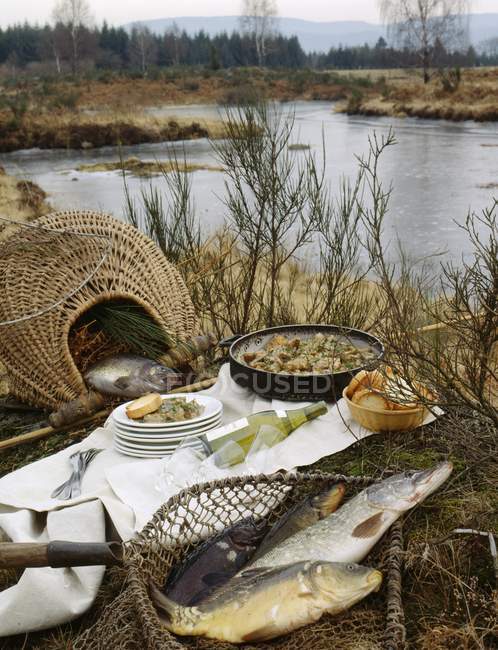 Meal prepared after fishing ontable over tall grass outdoors against water — Stock Photo