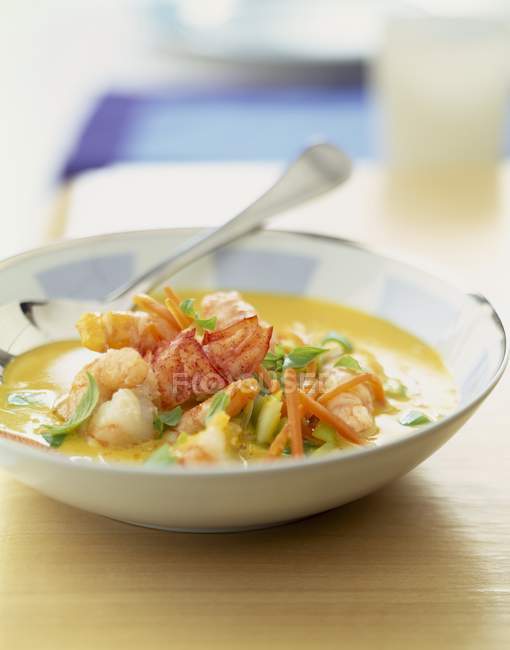 Seafood stock  on white plate with spoon — Stock Photo