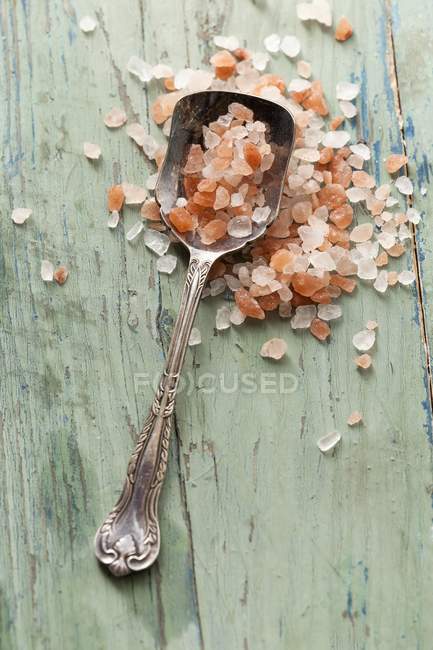 Cuchara llena de sal marina del Himalaya - foto de stock