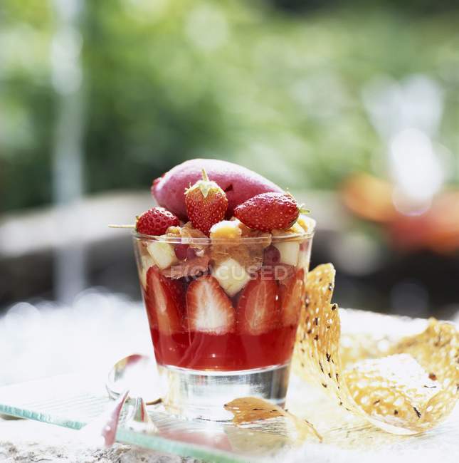 Vista de cerca de frutas frescas con té helado y hierba de limón - foto de stock