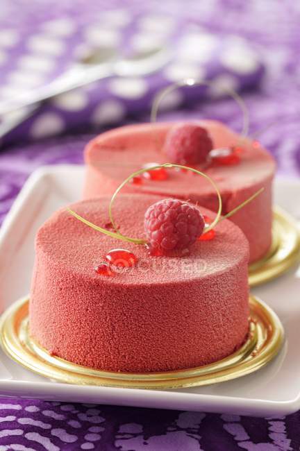 Himbeer-Erdbeer-Mousse auf Tellern — Stockfoto