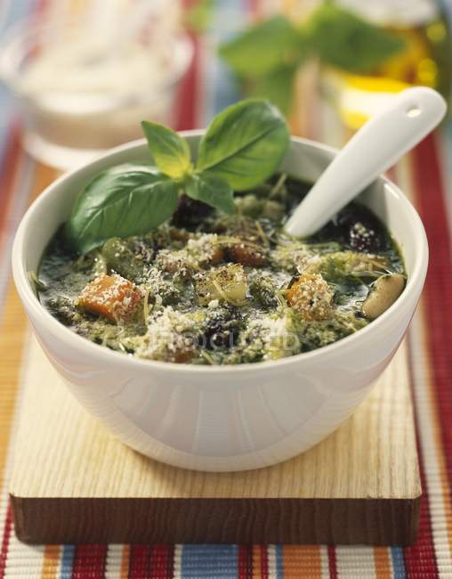Pistou soup in bowl with herbs — Stock Photo