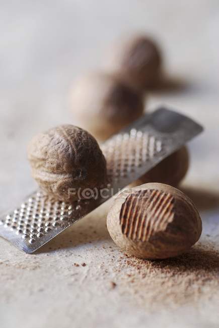 Nutmegs crudos con pequeño rallador - foto de stock