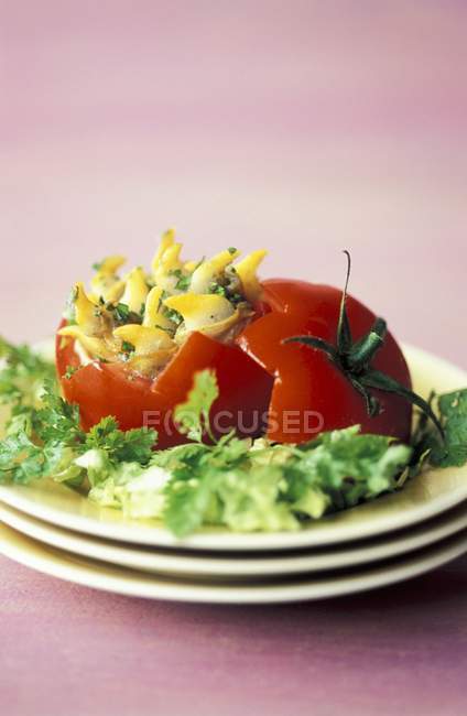 Tomato filled with cockles — Stock Photo