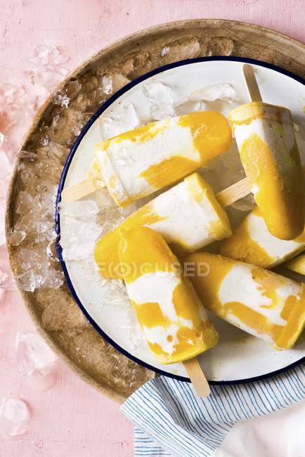 Tropische Früchte Joghurt Eis am Stiel auf dem Teller — Stockfoto