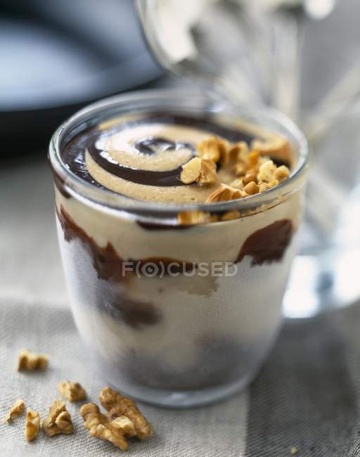 Closeup view of walnut and chestnut Parfait in glass — Stock Photo