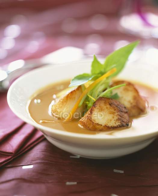 Closeup view of pan-fried scallops in sauce with herbs — Stock Photo