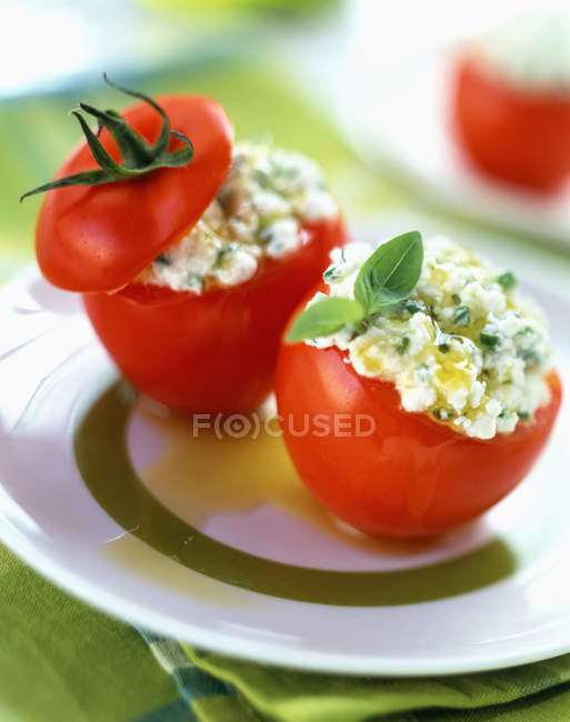 Tomatoes stuffed with Feta on plate — Stock Photo
