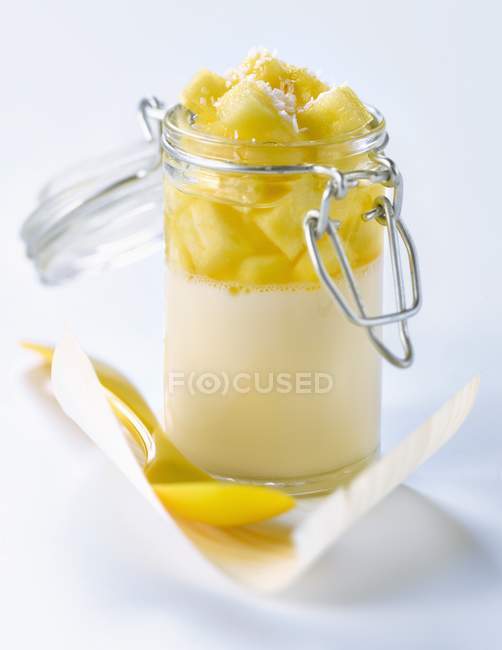 Closeup view of Panacotta dessert in glass jar with spoon on paper — Stock Photo