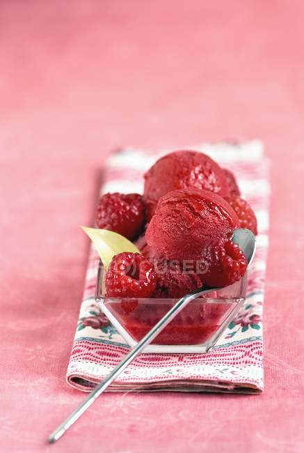 Raspberry sorbet in glass plate — Stock Photo