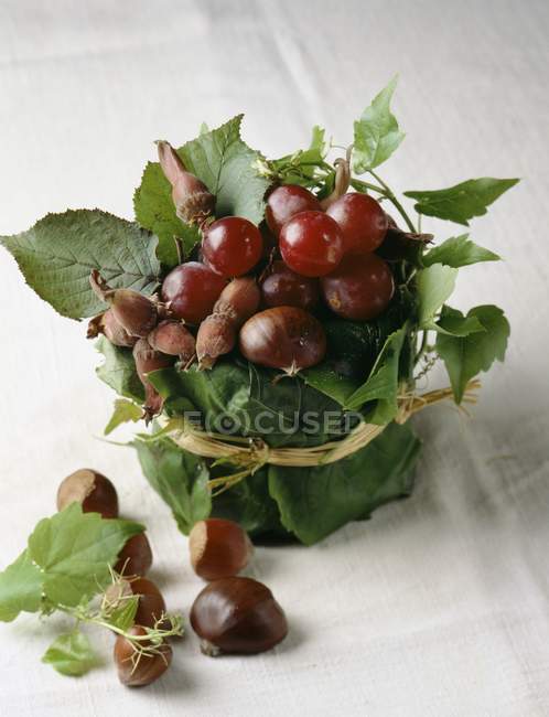 Vista de cerca de castañas y uvas con hojas atadas - foto de stock