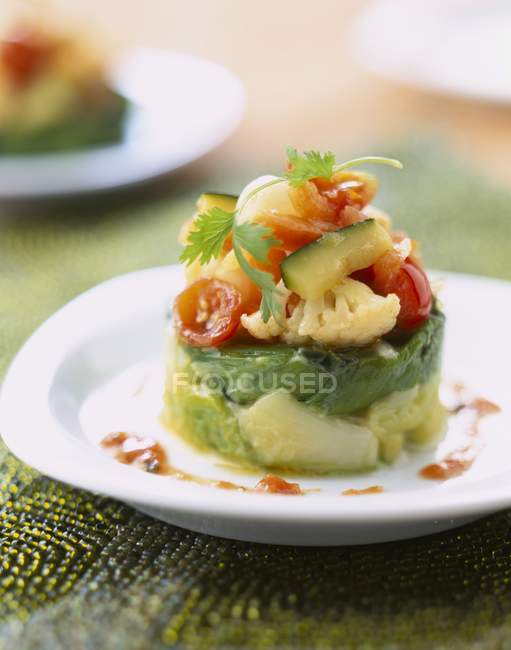 Leek timbale with crunchy vegetables  on white plate — Stock Photo