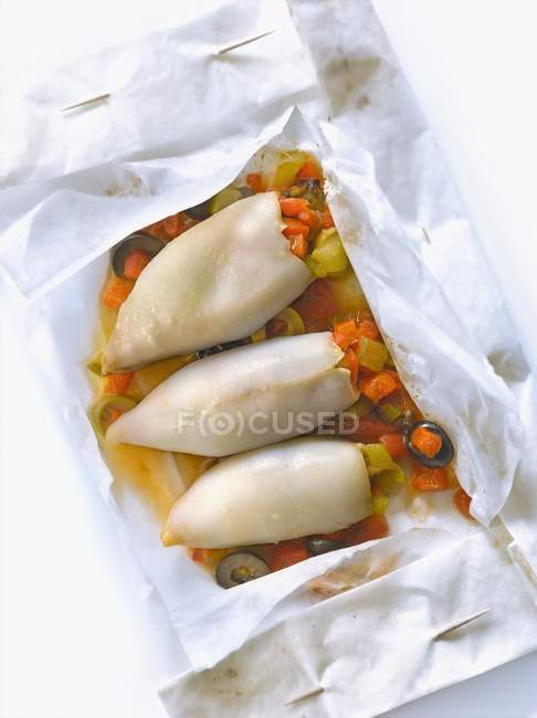 Squid stuffed with Piperade — Stock Photo