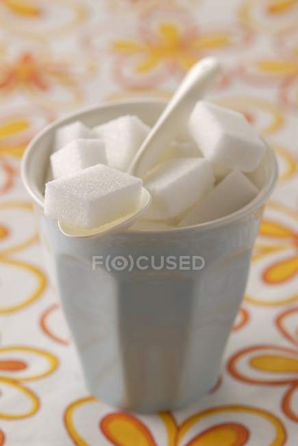 China glass of white sugar lumps — Stock Photo