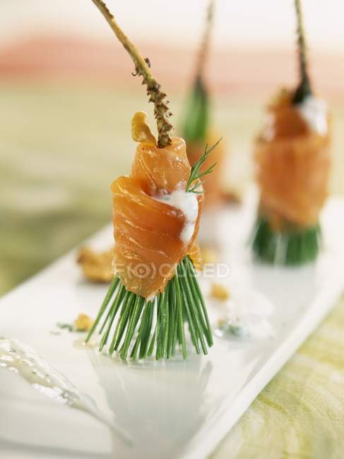 Vista close-up de ramos de pinho com salmão, molho de noz e endro — Fotografia de Stock