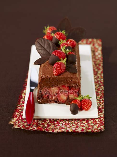Chocolate and strawberry Marquise on white plate over towel — Stock Photo