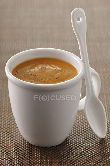 Lobster Bisque with fruit sauce in mug with spoon — Stock Photo