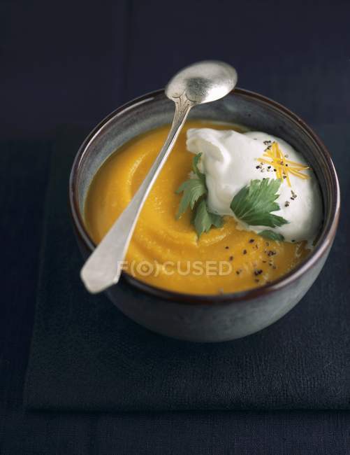 Cream of pumpkin with fraiche — Stock Photo