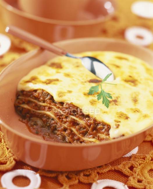 Cut fresh lasagne with minced meat — Stock Photo