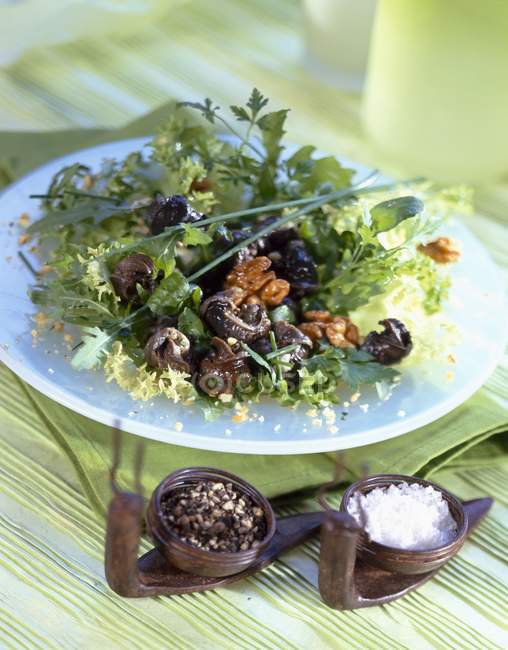 Walnut and snail salad on plate — Stock Photo
