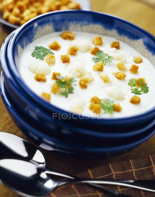 Creamed cauliflower with baby croutons — Stock Photo