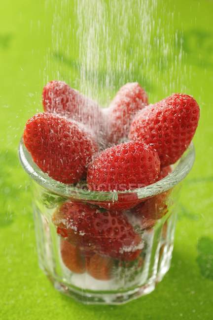 Powdering strawberries with sugar — Stock Photo