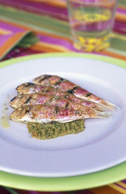 Grilled red mullet on green tapenade — Stock Photo