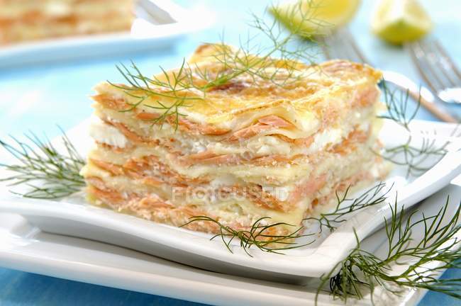 Tranche de lasagne au saumon — Photo de stock