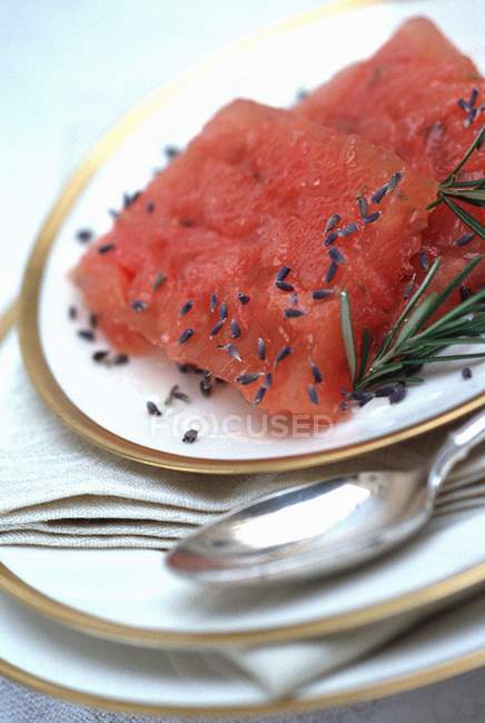 Closeup view of pink grapefruit Terrine with lavender — Stock Photo