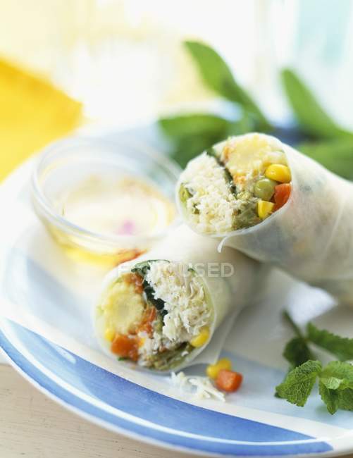 Rotolo primavera con granchio e verdure miste su piatto blu — Foto stock
