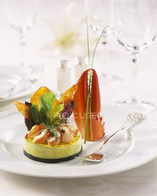 Lobster timbale  on white plate with fork — Stock Photo