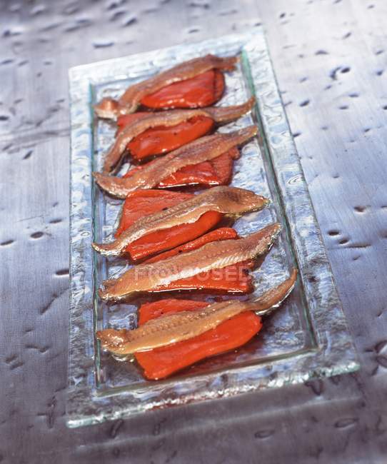 Poivrons rouges aux anchois sur plateau en métal — Photo de stock
