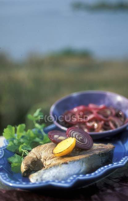 Стейк из тунца с лимоном, петрушкой и красным луком на голубой тарелке — стоковое фото