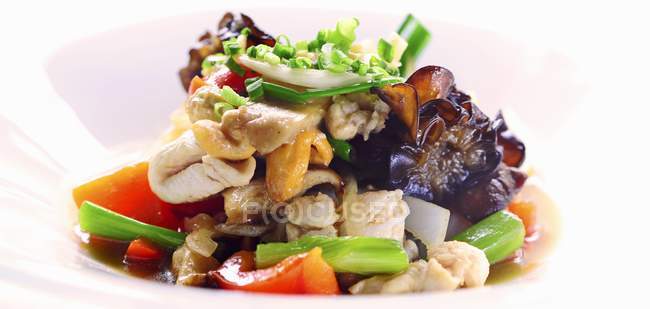 Verdure wok-fritte con pollo su piatto bianco — Foto stock