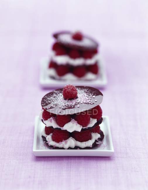 Closeup view of chocolate, raspberry and cream layered cakes — Stock Photo