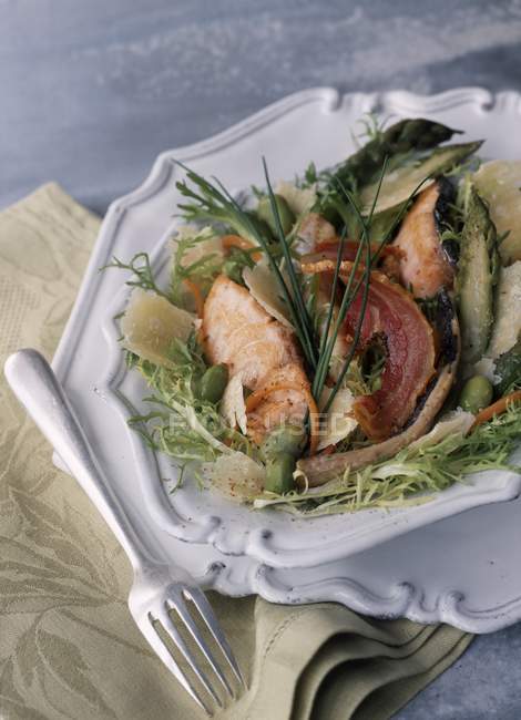 Fischsalat mit Lachs auf Teller — Stockfoto