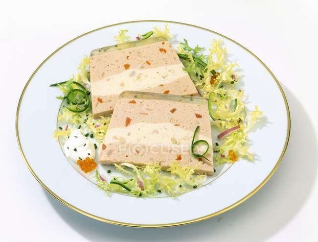 Fish terrine with vegetables on white plate — Stock Photo