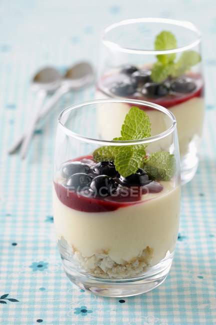 Fromage blanc with bilberries and mint leaves — Stock Photo