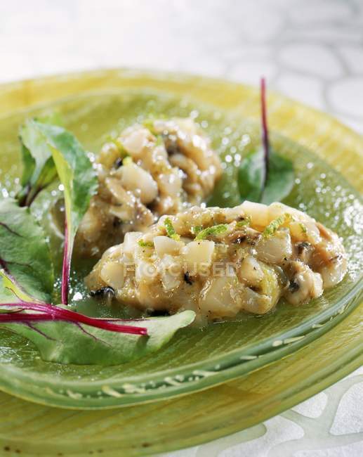 Closeup view of oyster and scallop Tartare — Stock Photo