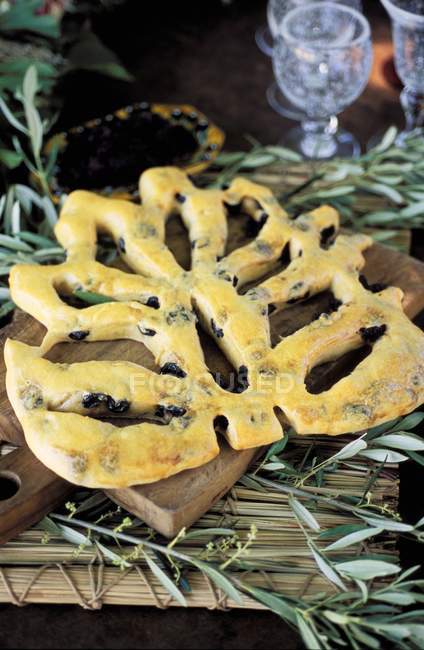 Fougasse bread with olives — Stock Photo