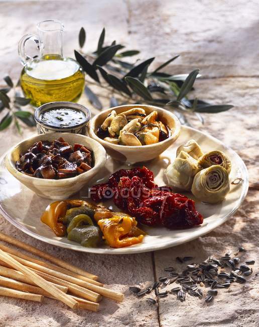 Elevated view of selection of mediterranean antipasti — Stock Photo