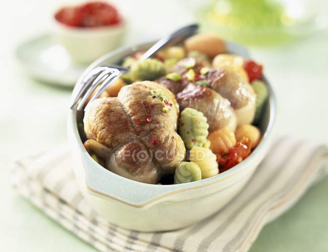 Veal meat with gnocchi pasta — Stock Photo