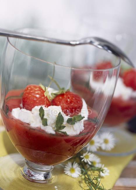 Vue rapprochée de la purée de fraises avec des feuilles de crème et de menthe — Photo de stock