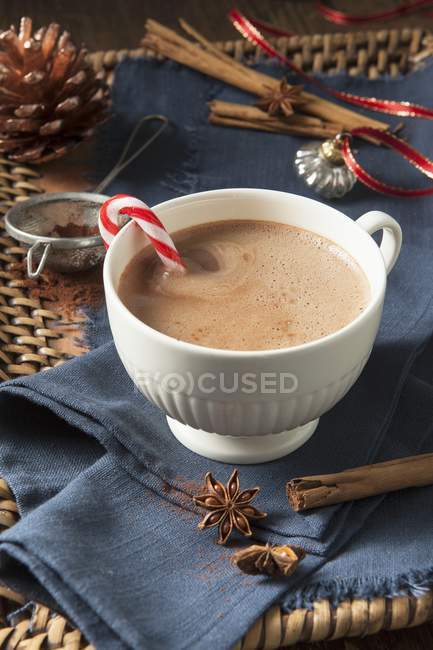 Xícara de chocolate quente com uma cana de doces — Fotografia de Stock