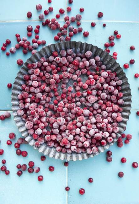 Frozen lingonberries in metal platter — Stock Photo