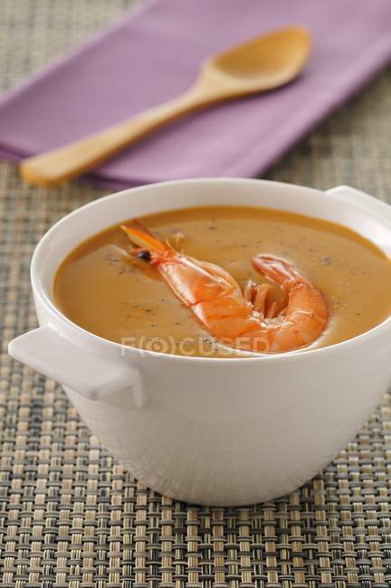 Shrimp Bisque in white bowl — Stock Photo